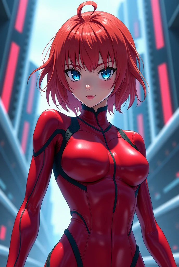 Asuka Langley, realist, Red hair, blue eyes, freckles on cheek, Red exosuit very tight to the body, little chest