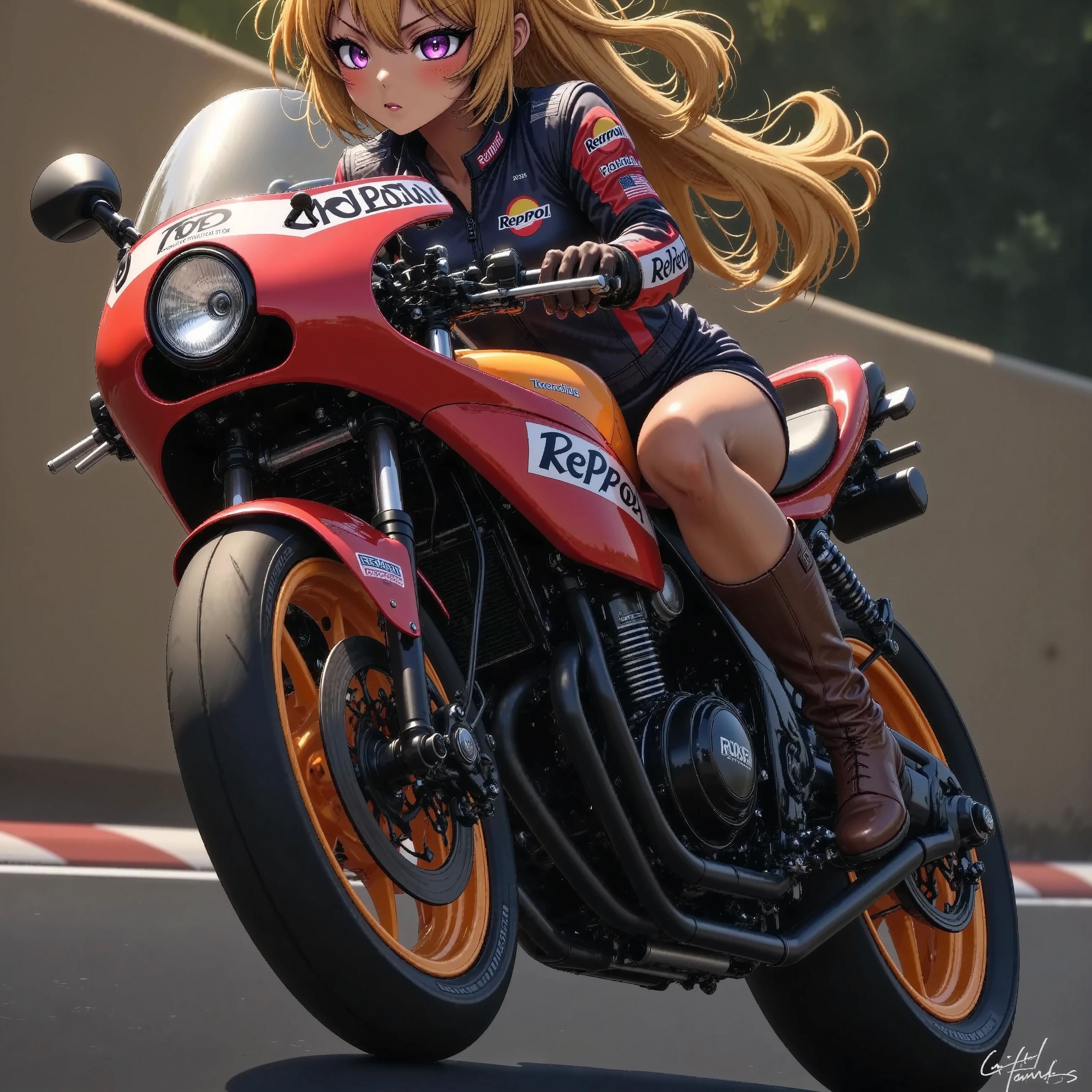 MotoGP レーサーのコーナリング、 Repsol MotoGP , brown skin , small breasts, yellow hair, Top Quality, textured skin, slim legs 、Racing Boots、 Movie light effect , Bōsozoku、 special attack uniform