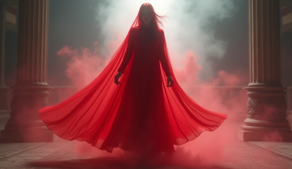 a sexy a woman covered in red satin cloth, mummified in satin, ghost sheet,tied tight in satin, shape like mermaid, tight in leg, wearing a satin hijab, the satin is very long, forming the curve of the body,dramatic flowy satin,strugle to move,full body, masterpice, flowy satin blow by wind,4k resolution, ultra-realistic, highly detail, great lightning.