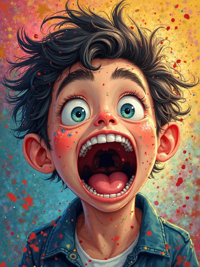 Drawing of a schizophrenic boy crying and laughing at the same time while images and doodles overwhelm him around him