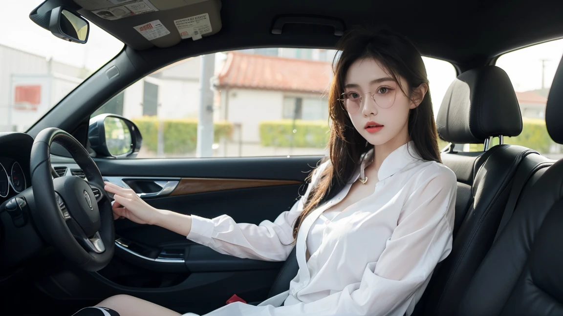 use the exactly same facial feature, hair and head as the previous prompt. change the scenery to be at sudirman, jakarta in city at car with white formal shirt and camisole underneath the white formal shirt being sheered