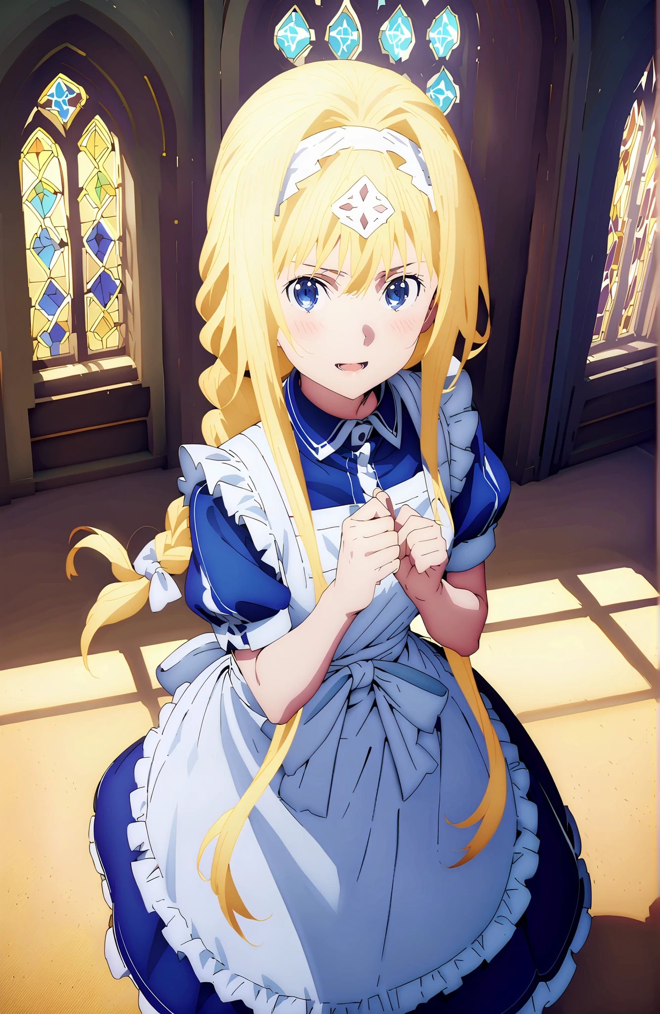 Alicesburg, Alice Zuburg, bungs,  Gold, hair between eyes, Very braided, headband, white headband,smile,blush,open your mouth,
break dress, bow, ribbon, Short sleeve, frills, apron, puffy Short sleeve, Blue clothes, white bow, white apron, frilled apron,Holding a bouquet with both arms,stained glass,STANDING,full bodyがillustrationsに入るように,
break indoors,church,
break looking at viewer,full body,
break (masterpiece:1.2), Top Quality, high resolution, Unity 8k 壁紙, (illustrations:0.8),highly detailed face,  perfect lighting on the table, extremely detailed CG, (perfect hand, perfect anatomy),