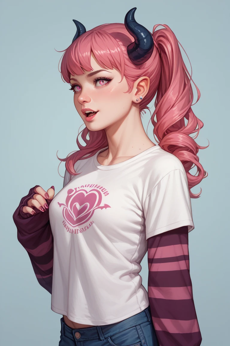 1girl, Gwendolyn_Tennyson, succubus transformation , t-shirt, ragland sleeves 