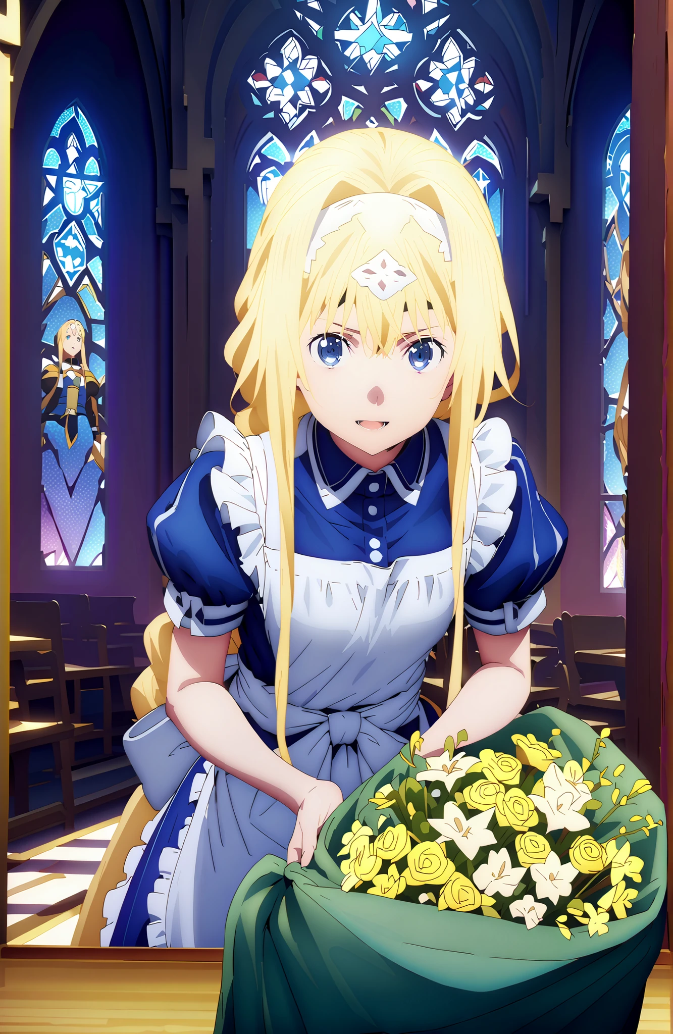 Alicesburg, Alice Zuburg, bungs, Gold, hair between eyes, Very braided, headband, white headband,smile,blush,open your mouth,
break dress, bow, ribbon, Short sleeve, frills, apron, puffy Short sleeve, Blue clothes, white bow, white apron, frilled apron,Holding a bouquet with both arms,stained glass,STANDING,full bodyがillustrationsに入るように,
break indoors,church,
break looking at viewer,full body,
break (masterpiece:1.2), Top Quality, high resolution, Unity 8k 壁紙, (illustrations:0.8),highly detailed face, perfect lighting on the table, extremely detailed CG, (perfect hand, perfect anatomy),