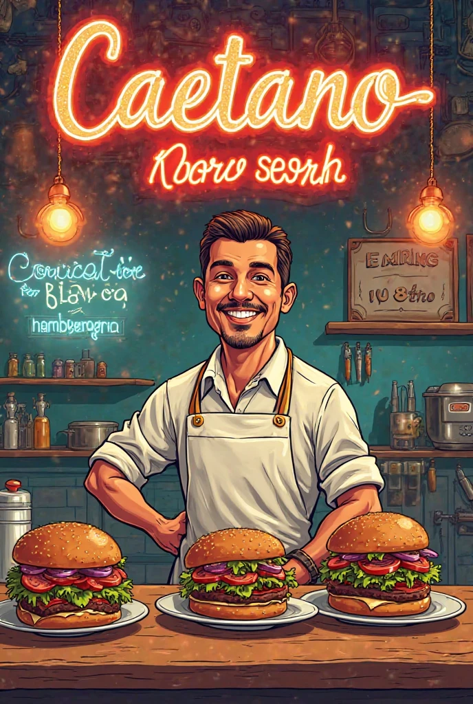 Create a flyer for the reopening of a hamburger shop on May t. The 8 o'clock Hamburgaria flavors of Caetano