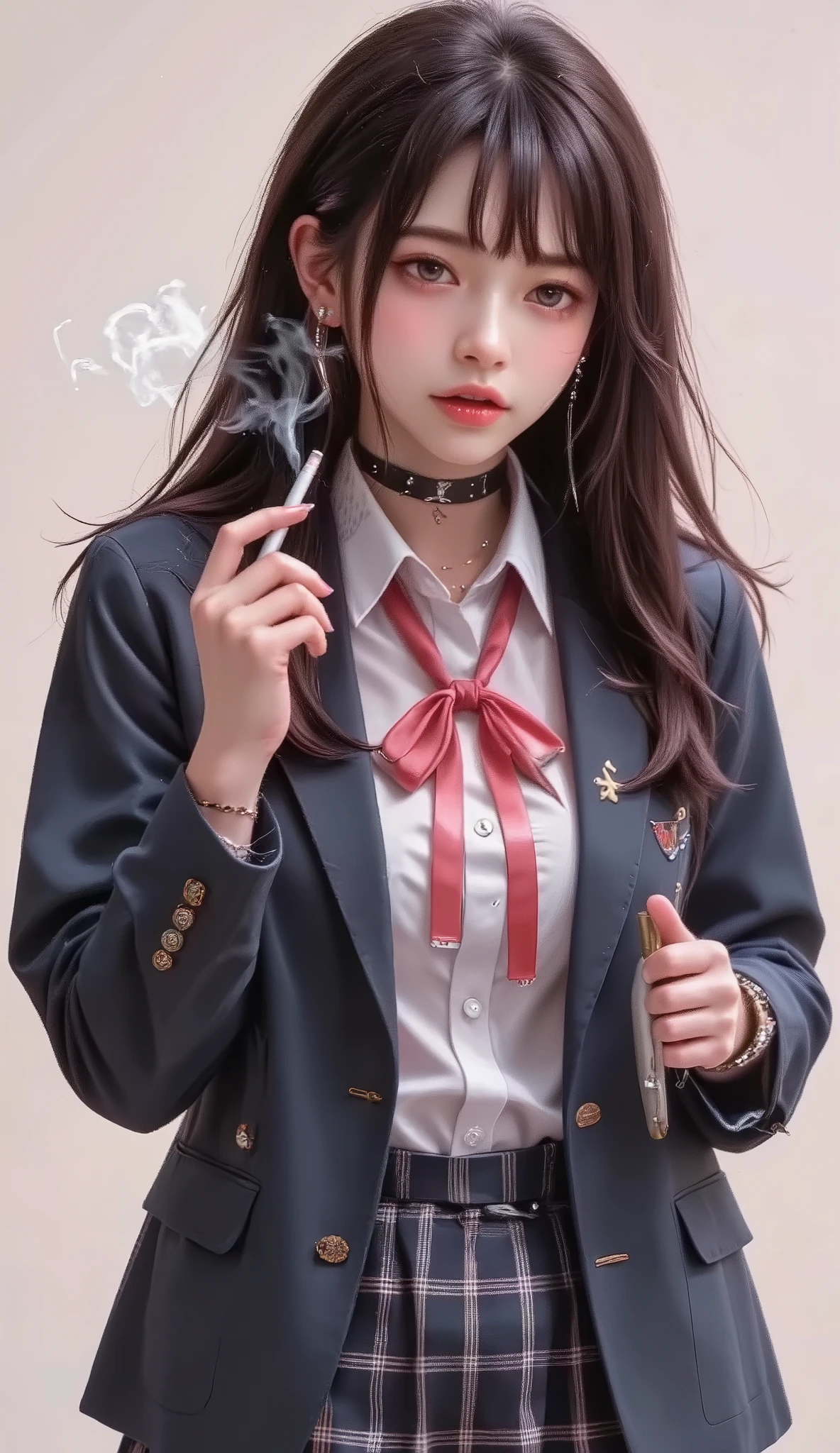 ((real mix、 ultra high definition image 、Top Quality、masterpiece))、((Wear a Japanese girls' high school、navy blue blazer、emblem、white thin fabric blouse、red ribbon tie、check mini skirt))、((Beautiful Japanese girl、long hair dyed pink、pretty face、二重eyelidの大きな目、アヒルのlips、厚いlips))、((slender figures、Round and beautiful breasts、constricted waist、long legs、Long arms))、(((Realistically accurate depictions with all detailed details、(lots of earrings、nose、ear、lips、eyelid:2.0)、Mr.々Accessories、( Beautiful Tattoo 、bold tattoo:2.0)、))、(((He holds Japanese canned beer in his left hand、Draw canned beer realistically and accurately、I'm picking a cigarette with my right hand and smoking、Real cigarette smoke、喫煙するMr.子をリアルに正確に描く:2.2)))、((((Beautiful high school girl smoking cigarettes, drinking canned beer, and relaxing、Draw smoky cigarettes realistically and accurately、realistically and accurately the size of a beer can、Scale))))