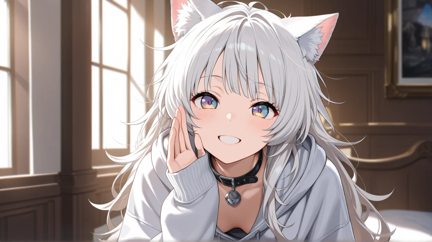 girl,hoodie,On the bed,Excited,Heterochromia Red Eyes Blue Eyes,Flat Chest,Cat ear,Feline tail,boy,cute,Cat ear,Cat's Tail,dick,play sex