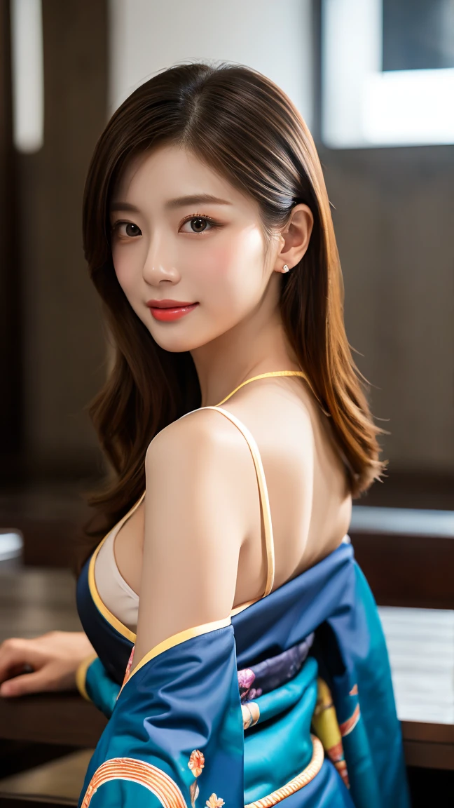 ((masterpiece)), (highest quality), 23 years old,Very detailed, finely, (High resolution), (8k), ((Perfect front viewcomposition)), (Natural color lip),(Side Ponytail:1.3),(((Sit facing forward at the bar))), Look at me and smile))),((Aqua blue silk short dress)),((From the whole body to the toes:1.3)),((Perfect front view)),((sitting on a bar stool)),((Model pose)),,((Big ribbon on thigh)),((Normal size buttocks)),,((Full and firm breasts)),(Look at me and smile),((Ample breasts))