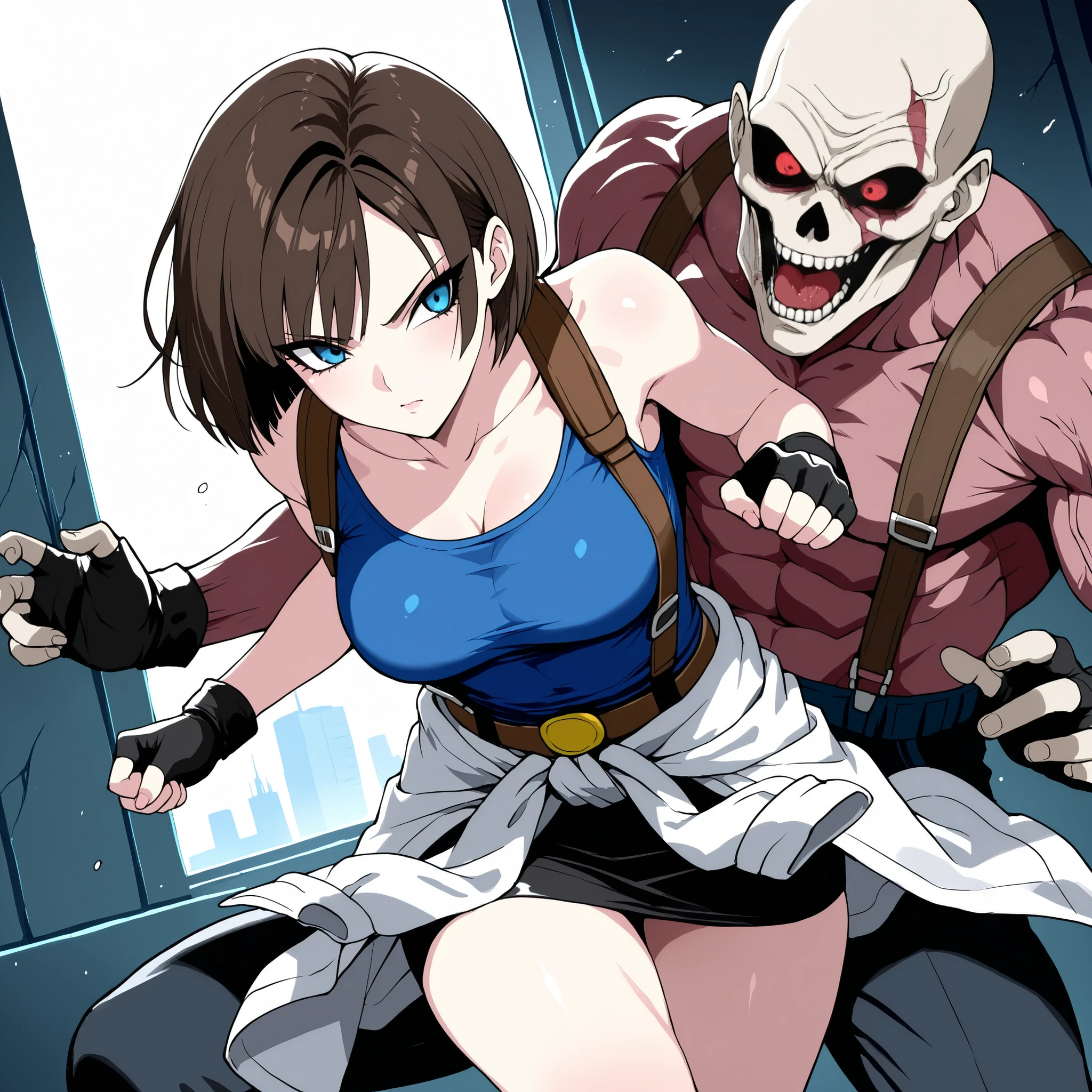 1girl ,A woman being attacked by a zombie and evading it in the world of Resident Evil. Action. Evasion.。cowboy shot,((white clothes around waist)),,,Active angles. . Crisis.1 zombie, zombie attack., fighting. 1 monster.
, , jll Valentine/( Resident Evil 3/ ),JillRE3, brown hair,blue tube top, bob cut, short hair, suspenders, black pencil skirt,hand, Fingerless gloves. suspenders.Sharp eyes.tsurime.(masterpiece, detailed:1.2),blue eyes,beautiful eyes,female saiyan,