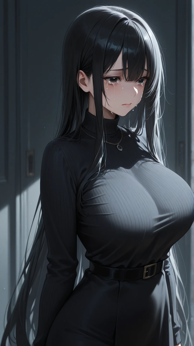 (masterpiece, 最high quality, 超High resolution, Very detailed), (Realistic:1.1, photoRealistic:1.4), Perfect illustration, Perfect lighting,Perfectly detailed hair, Perfect and exquisite face, Perfect collarbone, Perfect body,Juicy breasts, Perfect Thighs, Beautiful legs, View your audience, 1 person,Perfect Face, (Perfect Anatomy, Anatomically correct), Symmetrical face、((Shiny Hair)),Sexy Body、(masterpiece),(最high quality：1.3),8k,Very clear,(Ultra-realistic),Captivating woman,(high quality, High resolution, The finer details), Realisticなスタイルの女性,Juicy breasts、Perfect Woman、Perfect Face、Symmetrical face、Baby Face、Cowboy Shot、((Big breasts))、blush、((Juicy lips))、(((Straight black hair)))、((Large, double-set black eyes、Long eyelashes))、(Red Makeup)、(((Black turtleneck knit)))、(((Black Mini Skirt)))、(Healthy and well-developed body)、((Big tits jk))、(indoor)