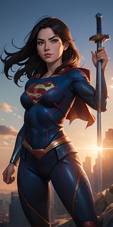 Charcoal pencil drawing, realistic drawing, black and white drawing, 4K, Best quality, lady girl in superman costume flying in the sky, short black hair, red cape, bright blue eyes, arms up, storm, dark clouds, lightning , night, lightning, rain, particles
