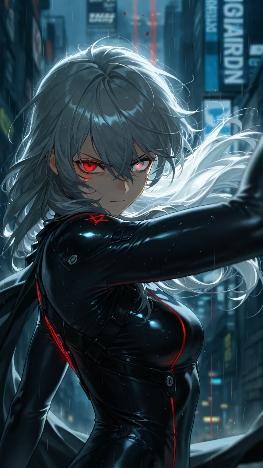 masterpiece, best quality, 8K, number, 1 girl, solitary, stand up, youth, White hair, Long White hair, Hair accessories, Red Eyes, Round pupil, Emotionless expression, Blood, Mechanical Parts, electric wire, cable, Failure Effect, Shocking, Science fiction, Futuristic, The background is darker, neon, Cyberpunk Characters, Surrealism, Strange, Disturbing, Creepy, Shocking, One-piece Pants,Red Eyes,venom,Black,Long black gloves,One-piece Pants,Tight latex bodysuit,Highlight her graceful figure,Wrap the whole body,Symbiote,((Sexy highlighted)),One-piece Pants,Red Eyes,venom,Black,Long black gloves,One-piece Pants,Black latex suit,Blood-Red Eyes,best quality, high resolution, Very detailed, Vivid texture, mask, Tight latex bodysuit, Bangs,Purple Hair, blue eyes