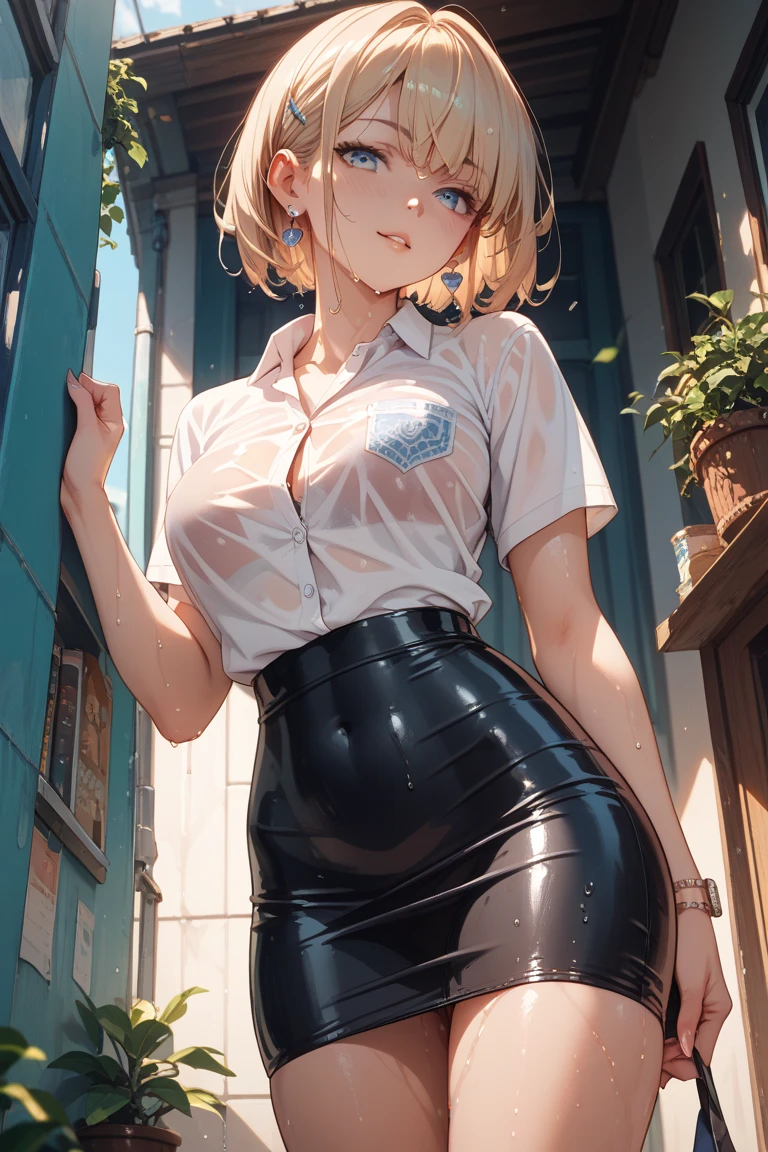masterpiece, best quality, very aesthetic, absurdres, 1girl, mature_lady, 1girl, thighhighs,one thighhigh is white, another thighhigh is black, white stocking, black stocking, no_bra, pleated skirt, shirt tucked in, tented shirt,bow, wet_clothes,raining,waterdrop,,blue_mary(fatal_fury), snk, the_king_of_fighters, 1girl, bare_shoulders, blonde_hair, blue_eyes, short_hair, bob_cut,,in bathroom,floating_hair
