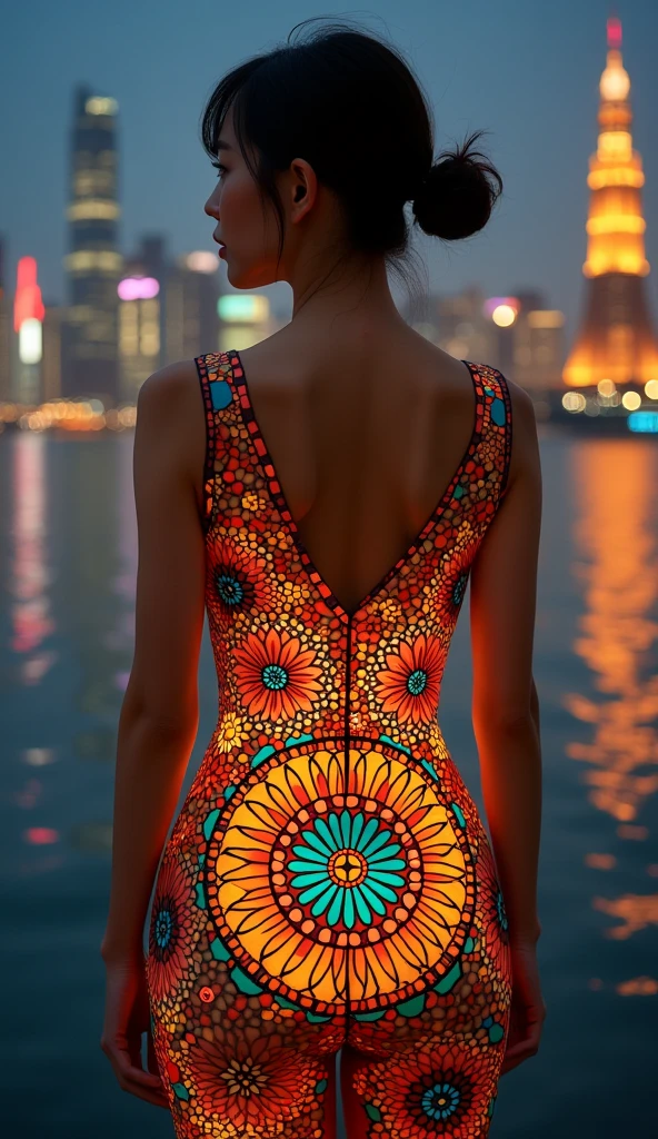 (masterpiece, Highest quality), 8k,(((Very detailed))), Race:1.8, Super intricate Race pattern, colorful Race pattern, Glowing stained glass transparent body, Mandala,light up, 1 female, Open Back, , Japanese, Fair skin, Photo of Lee Jae,, sultry body with セクシー belly, Sexy girl, Young sensual elegance, Sexy body, Sexy look, Very Short Hair、Shooting at a port with a beautiful night view、 Intelligent face、Narrow waist、Large Breasts、Smile a little、EOS 50mm F2, Blur the background、Lighting the face、whole body、See-through sexy swimsuit、Bite, Looking into the distance、Walking, From before, naked,