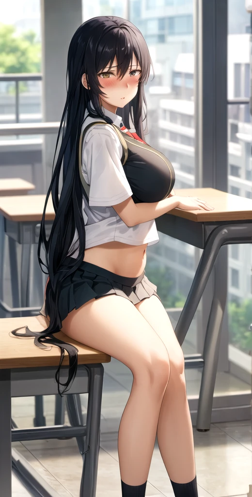 summer、empty classroom、thick、Sweat、、Low length、(((((Eyes hidden by long bangs)))))、(((Long black hair:1.2 hair band)))(((Black-rimmed glasses:1.2 black eye)))、Backlight、evening、Nostalgic atmosphere、Look at this、High position、Full Body Shot、glamorous、(Sexy pink lingerie)、avert your eyes、Plump thighs、Thin pubic hair、(((Front view))), Beautiful details, 16K, Absurd, masterpiece, Very detailed, beautiful girl, Cowboy Shot、Thick thighs、glamorous、(Grab your panties and pull them down)、((Take off your panties、Put your panties down))、Pubic hair is visible、White T-shirt、Standing forward、View from below