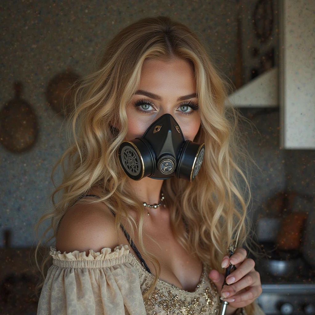 (18 year old Emily Sears, very fine beautiful face, naked athletic tanned body, long flowing blonde hair, fine features, slim face) (Black rubber gas mask over mouth and nose)  (setting - Threatening environment. Mediaeval. Place of suffering. Stone walls. Wooden structures.) (lighting - low light, deep shadows, interior