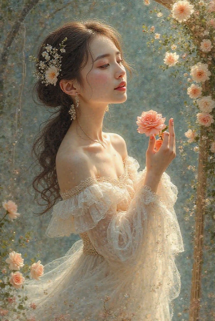 Portrait Of Girl, in a corset, Lace-up, covered eyes, Holding a flower in his hand, beautiful fantasy art portrait, beautiful illustration, detailed fantasy art, exquisite digital illustration, gorgeous digital art, beautiful fantasy art, beautiful fantasy portrait, fantasy art portrait, 4k detailed digital art, neoartcore and charlie bowater, portrait on canvas, impressionism