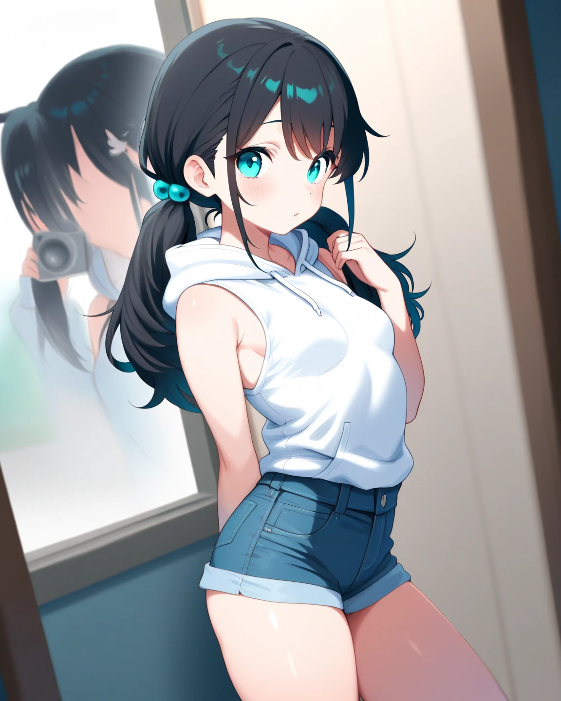 A boy in a hugs me from behind、Cute light blue bra、Plain white, wet with sweatTshirt、ブラがtshirtに透ける、Cute light blue string underwear、A girl is hugged and kissed by a tall boy in gym clothes、classroom