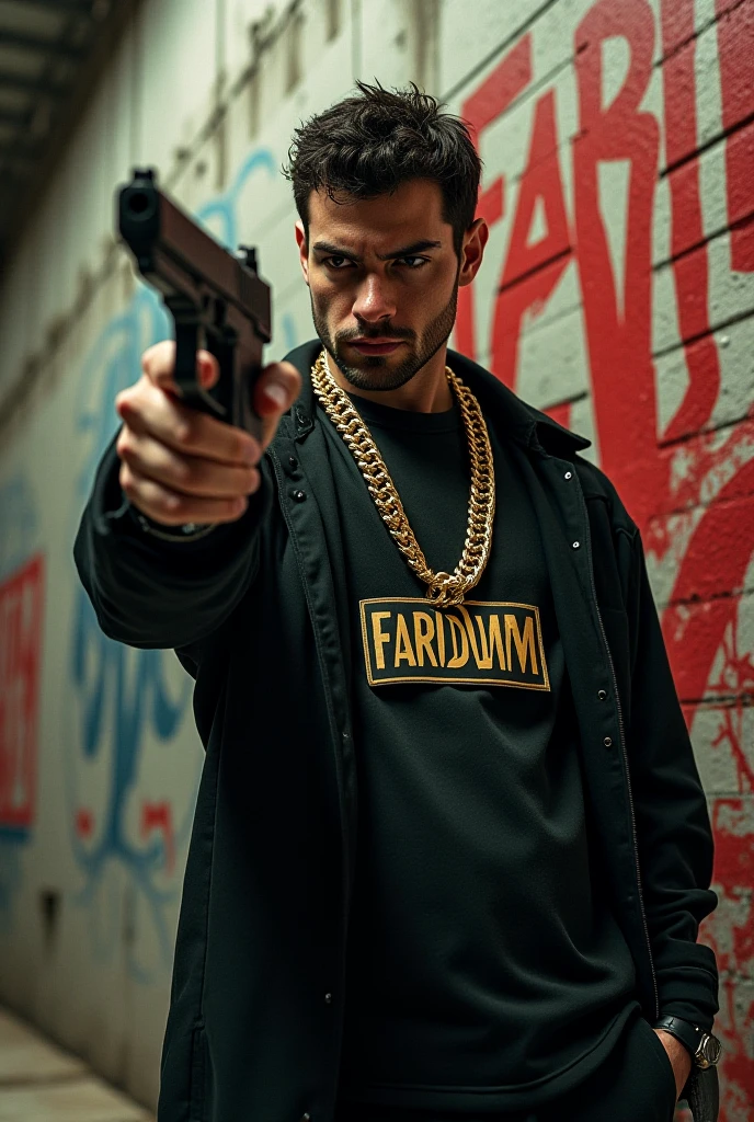 A 21 year man holding rifle gun with attitude posing and red light background
