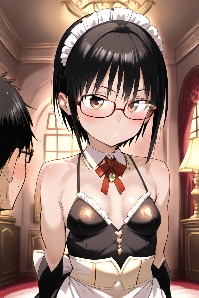 kurumi tokisaki, black hair, red eyes, long hair, twintails very long, yellow eyes, hairband, heterochromia, dress unbuttoned, red dress unbuttoned, bare shoulders, collarbone, choker, bowtie, red bowtie, detached sleeves, corset unbuttoned, frills, cleavage unbuttoned,sitting, looking at viewer, cowboy shot, dutch angle,showing naked breasts, medium large breasts, showing naked breasts ,naked breasts nipples,(cowboy photo: 1)