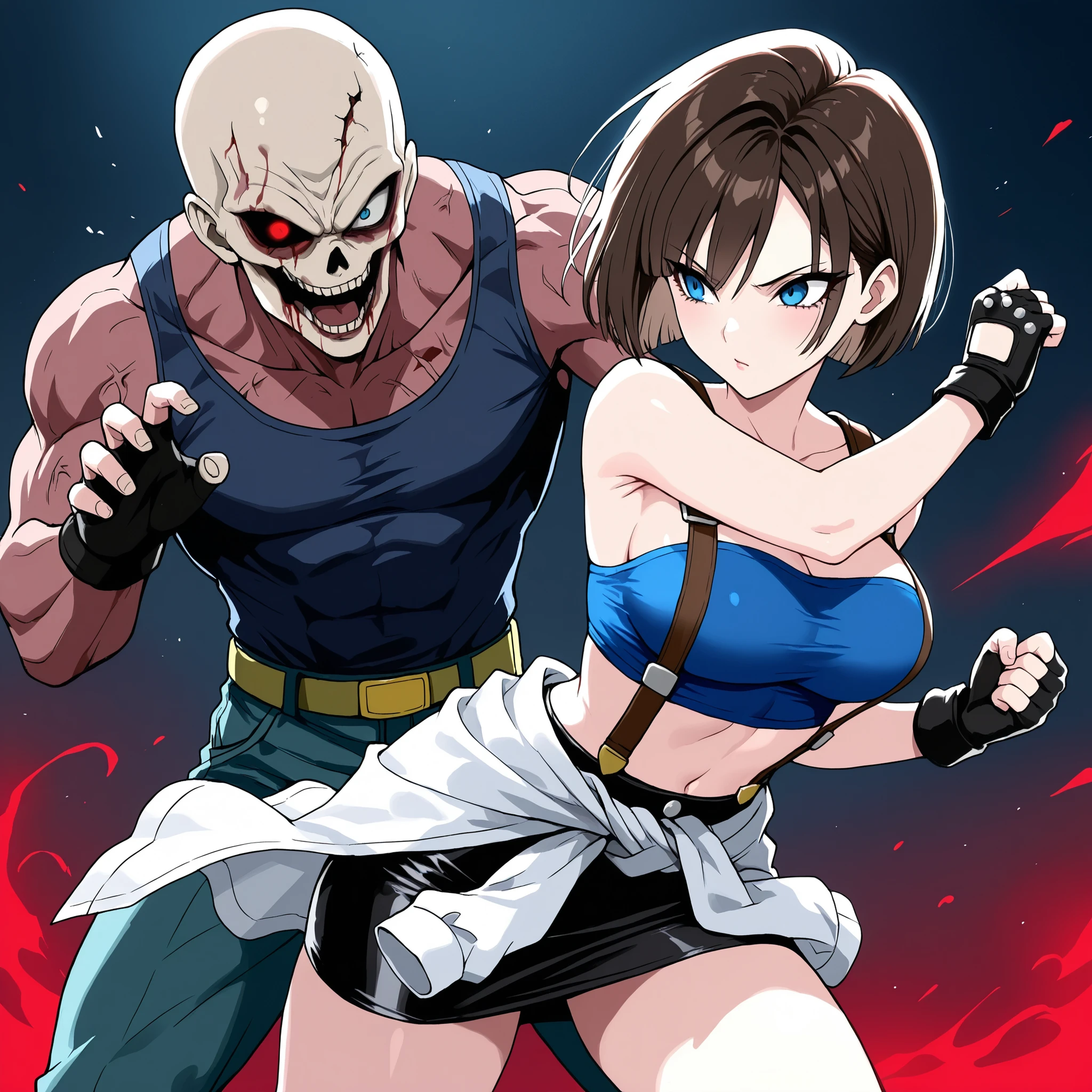 1girl ,A woman being attacked by a zombie and evading it in the world of Resident Evil. Action. Evasion.。cowboy shot,((white clothes around waist)),,,Active angles. . Crisis.1 zombie, zombie attack., fighting. 1 monster.
, , jll Valentine/( Resident Evil 3/ ),JillRE3, brown hair,blue tube top, bob cut, short hair, suspenders, black pencil skirt,hand, Fingerless gloves. suspenders.Sharp eyes.tsurime.(masterpiece, detailed:1.2),blue eyes,beautiful eyes,female saiyan,