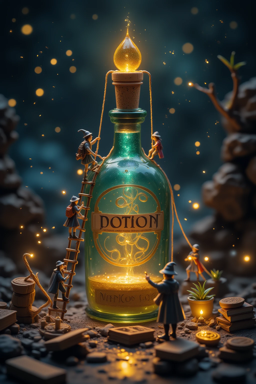 In a miniature fantasy world at night, travelers and heroes are ...