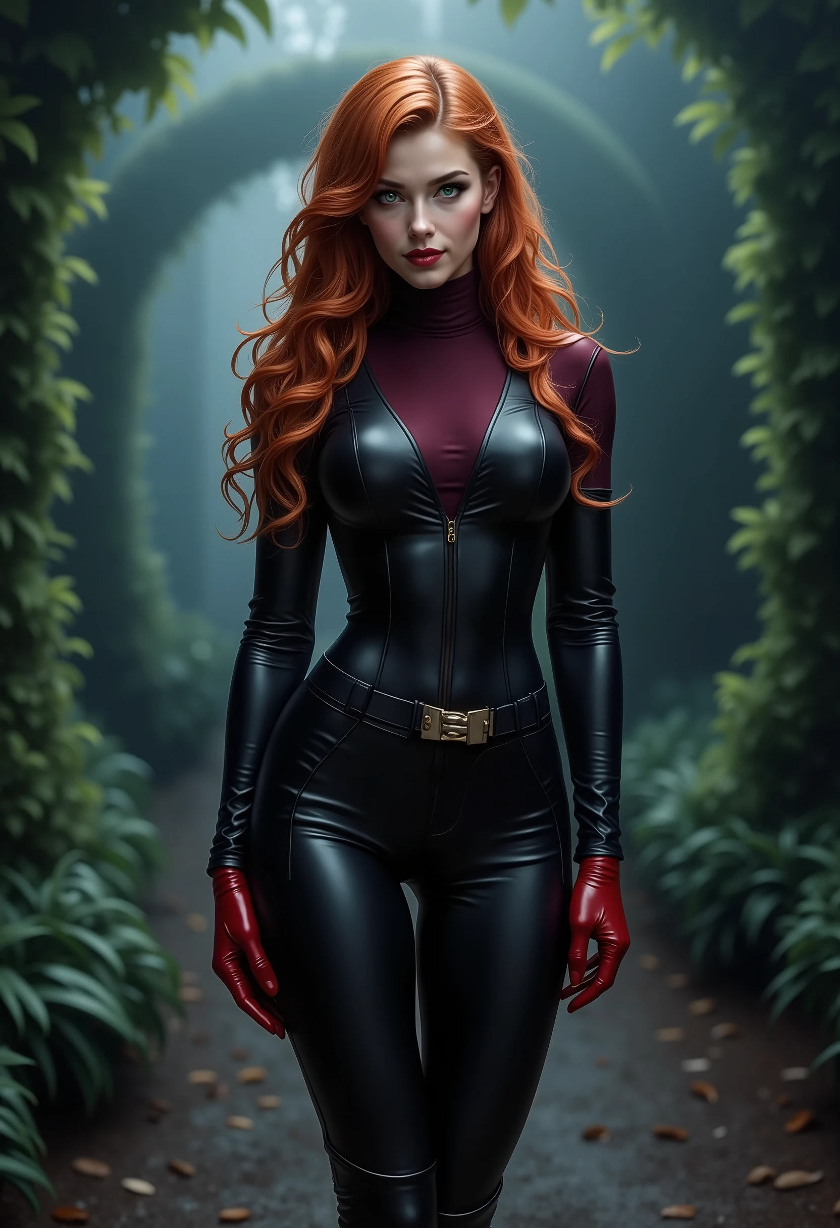 full body beautiful sensual sexy cool 25 year old woman with slightly parted lips muscular body red wavy long hair emerald green eyes, white skin, red lips, round face full red lips high arched eyebrows thin waist long shapely legs full breasts wide shoulders tight black leather riding breeches black leather riding boots dark burgundy turtleneck sweater red riding gloves night in english garden fog dark shadows