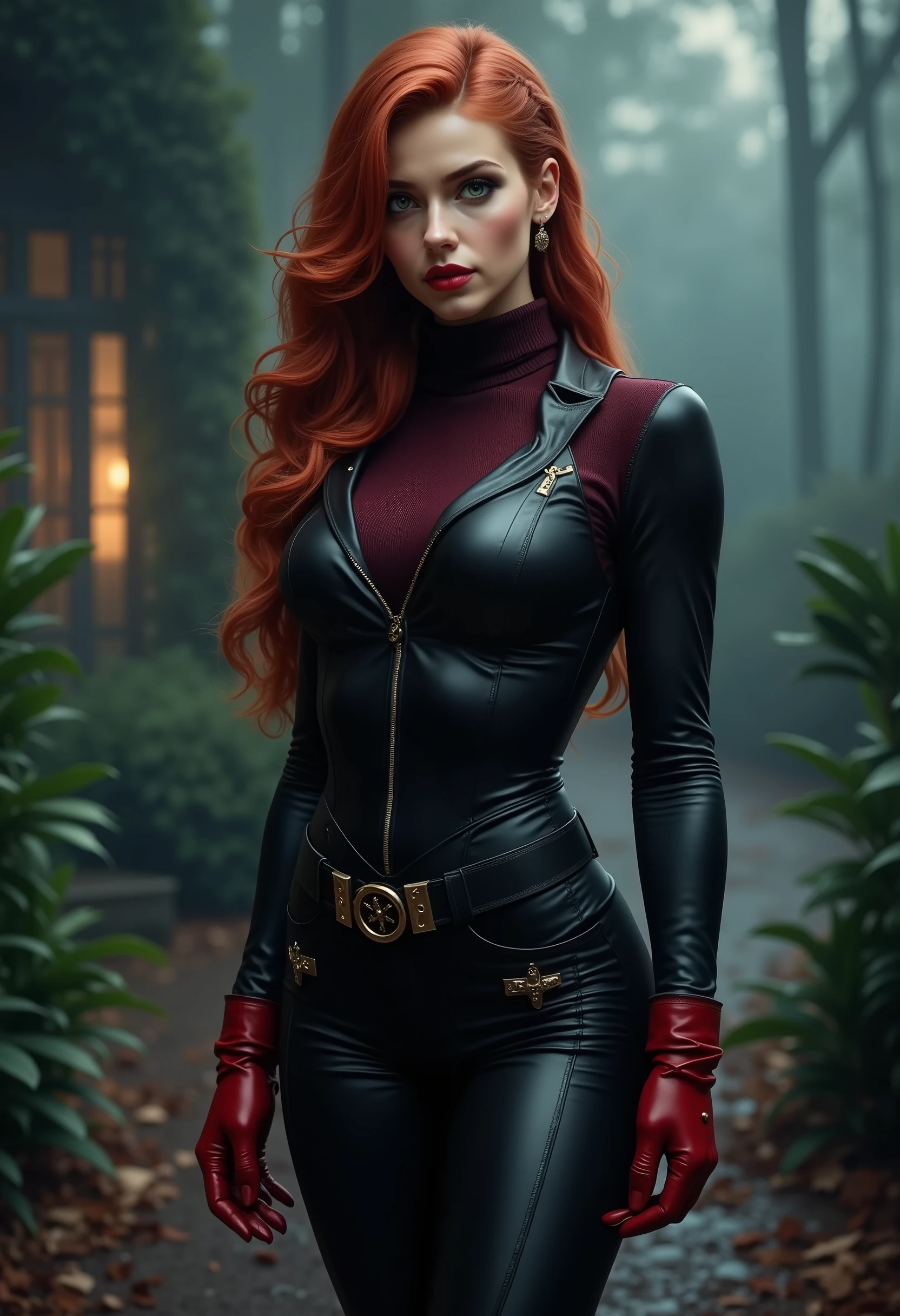 full body beautiful sensual sexy cool 25 year old woman with slightly parted lips muscular body red wavy long hair emerald green eyes, white skin, red lips, round face full red lips high arched eyebrows thin waist long shapely legs full breasts wide shoulders tight black leather riding breeches black leather riding boots dark burgundy turtleneck sweater red riding gloves night in english garden fog dark shadows