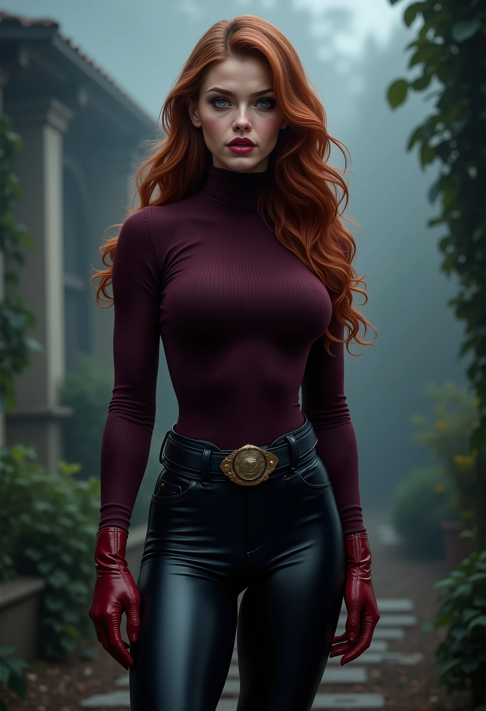 full body beautiful sensual sexy cool 25 year old woman with slightly parted lips muscular body red wavy long hair emerald green eyes, white skin, red lips, round face full red lips high arched eyebrows thin waist long shapely legs full breasts wide shoulders tight black leather riding breeches black leather riding boots dark burgundy turtleneck sweater red riding gloves night in english garden fog dark shadows