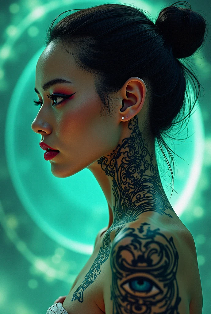 ((Naked woman)), Double Exposure Style,Volumetric Lighting,a girl (Supermodel, most beautiful) with fully naked, ponytail, arching her back, beautiful tattoo,Artistic Calligraphy and Ink,light depth,dramatic atmospheric lighting,Volumetric Lighting,double image ghost effect,image combination,double exposure style,
