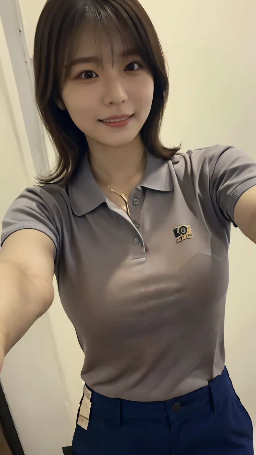 flat lighting, sharp focus, portrait, solo, captured with a iPhone15, 20 years old korean woman, perfect body,(((selfie pose))), office,((polo shirt)),((chino pants)), happy,(8k, RAW photo, best quality, masterpiece:1.2),(realistic, photo-realistic:1.4),(extremely detailed 8k wallpaper),