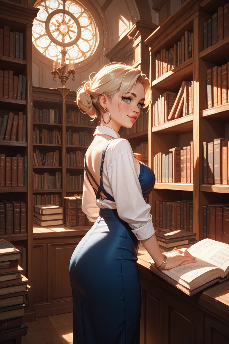 splease draw me some sexy cool uppercasee letters dressed with knit、mini skirt、beautiful mature woman、ponytail、buttocks emphasis on dancing on the table in an old bookstore, use 4k, hdr and everything in best quality with highest details.