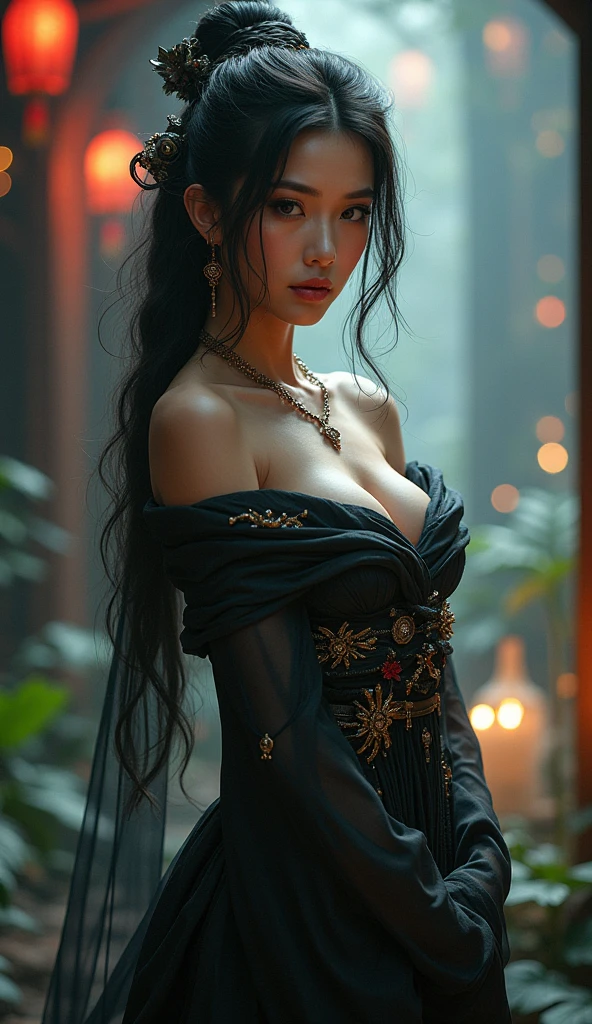 (best quality,4k,8k,highres,masterpiece:1.2),ultra-detailed,realistic,oriental gothic girl in bikini,beautiful detailed eyes,beautiful detailed lips,long black wavy hair,porcelain-like skin,black lace bikini,elaborate gothic accessories,ornate choker,highly detailed lace patterns,exquisite oriental-inspired tattoos,dark and mysterious atmosphere,red and black color scheme,ethereal lighting,blooming cherry blossom trees,inky black raven perched on her shoulder,delicate fan with intricate designs,standing in a tranquil moonlit garden,posing confidently,subtle fog adding an air of mystery,nighttime ambiance,hints of eerie beauty,artistic renditions of oriental architecture,soft and cool breeze,lush foliage in shades of green,subtle reflections on the water,pleasing symmetry,gothic elements blended with traditional oriental aesthetics