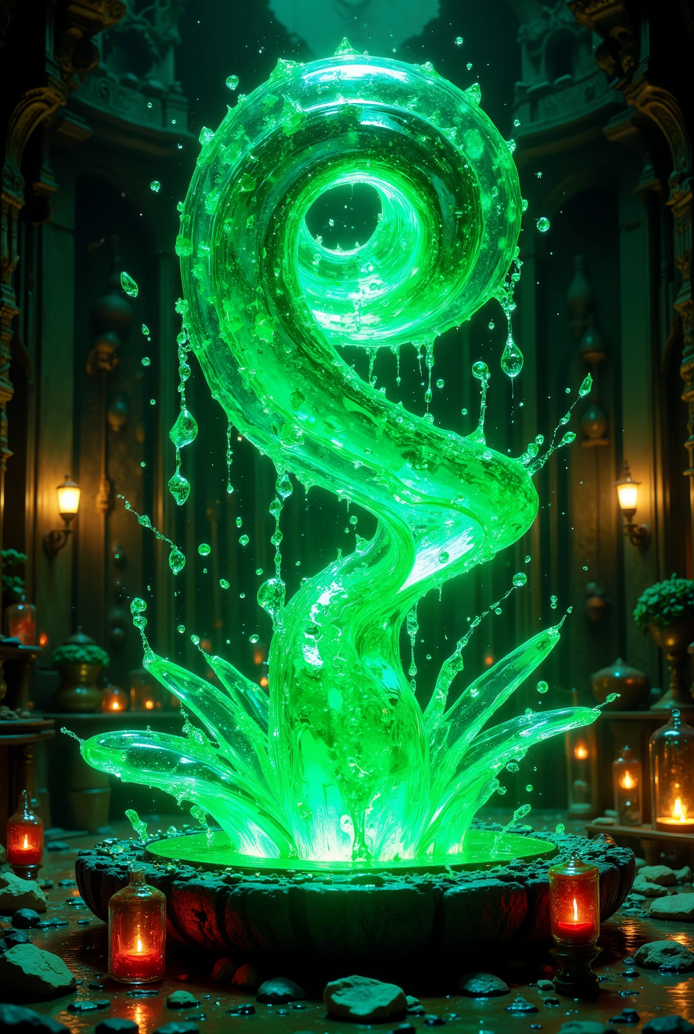 Deformed dark green crystal, like a frozen sea wave, pours out, pours out to form two streams, spiraling.  Rivers flow from the crystal frozen colors, crystal resembling rubies.  The crystal emits a magical glow, shimmering in all shades of green, from deep emerald to pale turquoise.   in the room, shrouded in an atmosphere of magic, lots of beautiful vials and jars rotate in this vortex, creating the effect of a dynamic, of a fascinating.  Light plays on the edges of the crystal and glass, composition creating highlights and reflections.  The colors are rich and bright, from deep green crystal to ruby red colors and blue-violet highlights.  Image style — magical realism, with art nouveau elements.  perspective — slightly below, accentuating the scale of the crystal.  8k resolution,  focus on the,  textures — smooth crystal surface,  faceted glass bottles.  General mood — mysterious and exciting,  full of charm and magic.  Lighting — soft, scattered, emphasizing the magical effect.