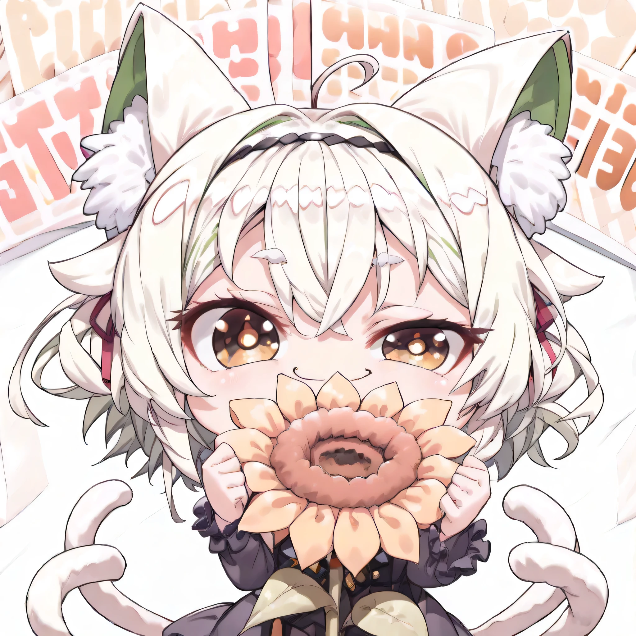 score_9, score_8_up, score_7_up, (solo, 1 girl, Matana Katomiya, gold eyes, light green hair, Bangs to hide one eye ,sneaky smile,lack of sleep、 shut your mouth , Cat ears, white fur inside Cat ears), ((( chibi, change, thin, small, short))), (black dress), quiet standing figure,Holding a sunflower、 black eyeliner、Road、upper eye use、 ((2 Cats' Tails:1.2)), cute face, big eyes, Cat's Eyes, eyelashes, lower eyelashes, (((gold pupils))), Short Thin Eyebrows, , sneaky smile, 、 night background、Dark impression、