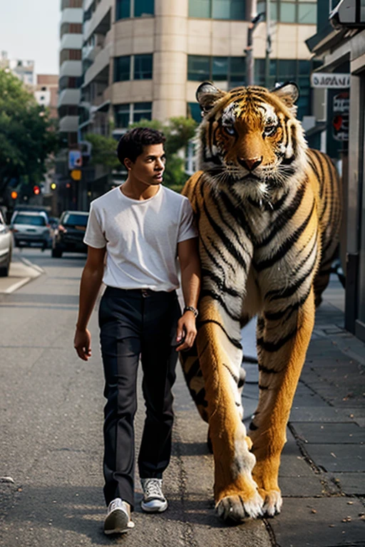 (masterpiece), 28yo boy average guy, (panicked, walking with a oversized tiger),