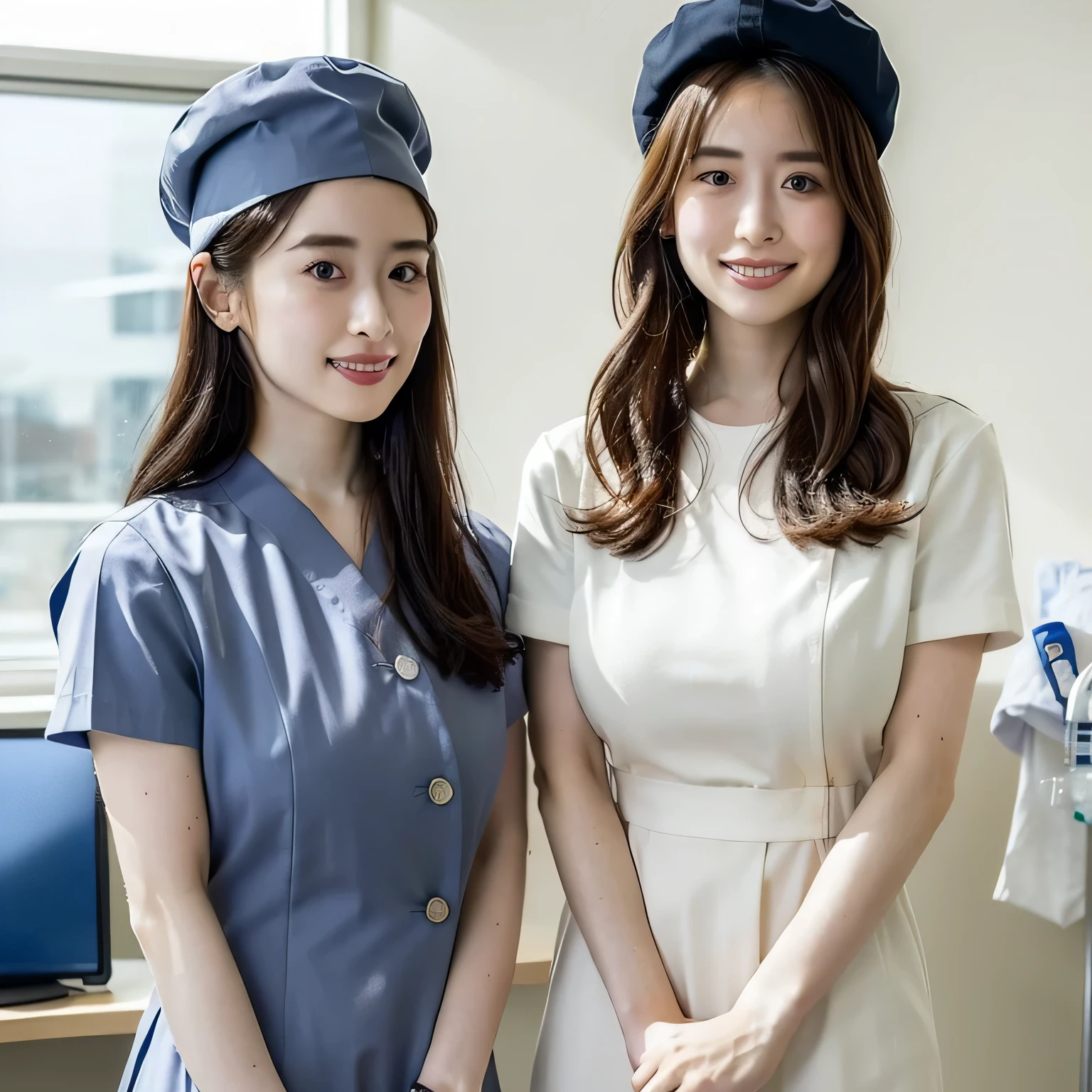 A breathtakingly beautiful 20-year-old woman stands in a warmly lit hospital room, dressed in a white mini-skirt nurse uniform with a matching cap. Her shy smile adds a touch of charm, while the surrounding medical equipment and furnishings create an authentic yet welcoming atmosphere. Long hair, dark hair, dark eyes.