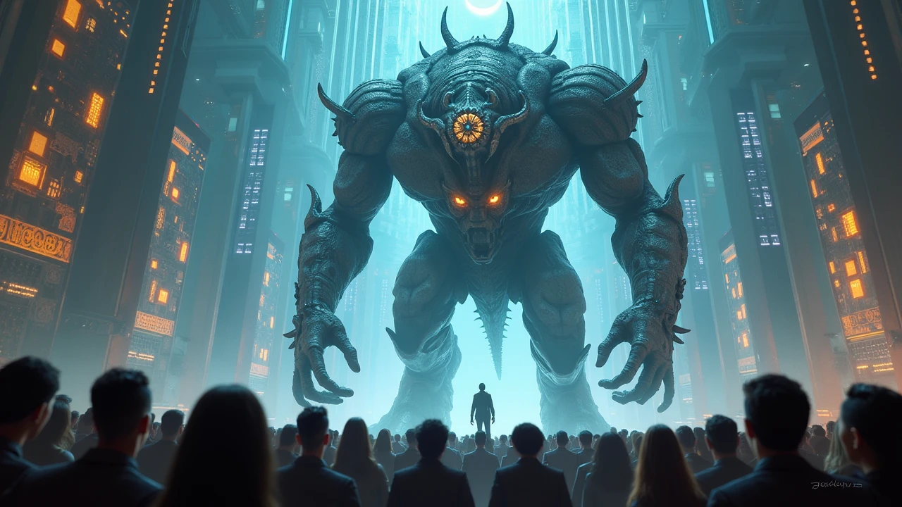 A genetically engineered beast, with parts of its body that appear to be both biological and mechanical, roars in the center of a futuristic arena. The arena walls are covered in holographic screens that show the audience as the creature fights for its life..