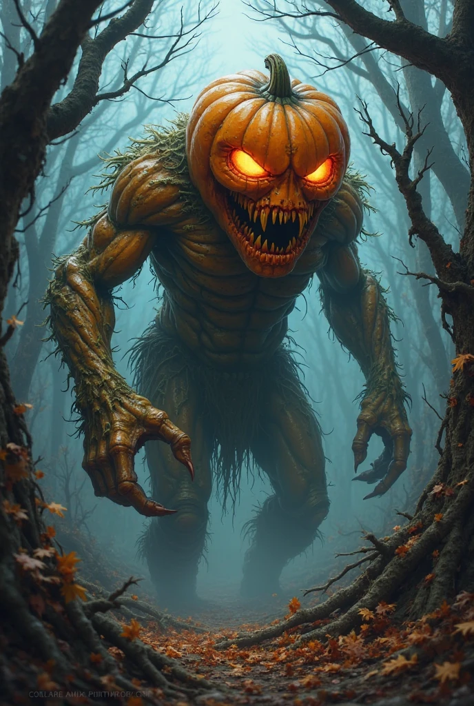 Horror-themed Cinematic film still fantasy monster concept art, Walking the road of nightmares、A Jack-o&#39;-Lantern monster with vines on its body, Dynamic Lighting, Realistic, Talked about at the art station, great visuals, creative, Cinematic, Super detailed, Atmospheric, Ambient Lighting, Scary Art High Budget, Bokeh, CinemaScope, Sulky, amazing, nice, Film Grain, granular . Creepy, Anxious, dark, Creepyな, Suspenseful, strict, Very detailed