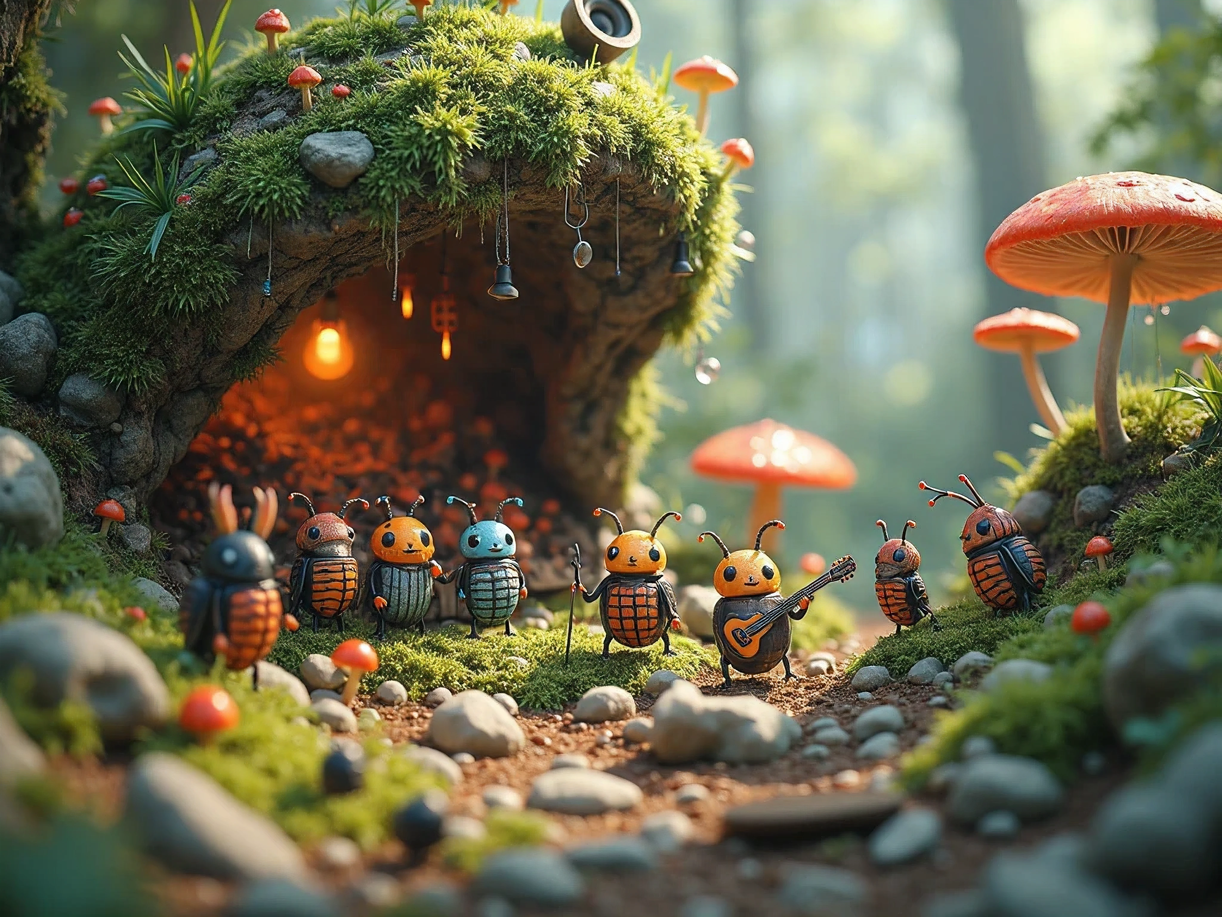 anthropomorphic bugs attending a music festival in a microscopic world under a mossy rock in the forest, very realistic, 8k, masterpiece, digital art