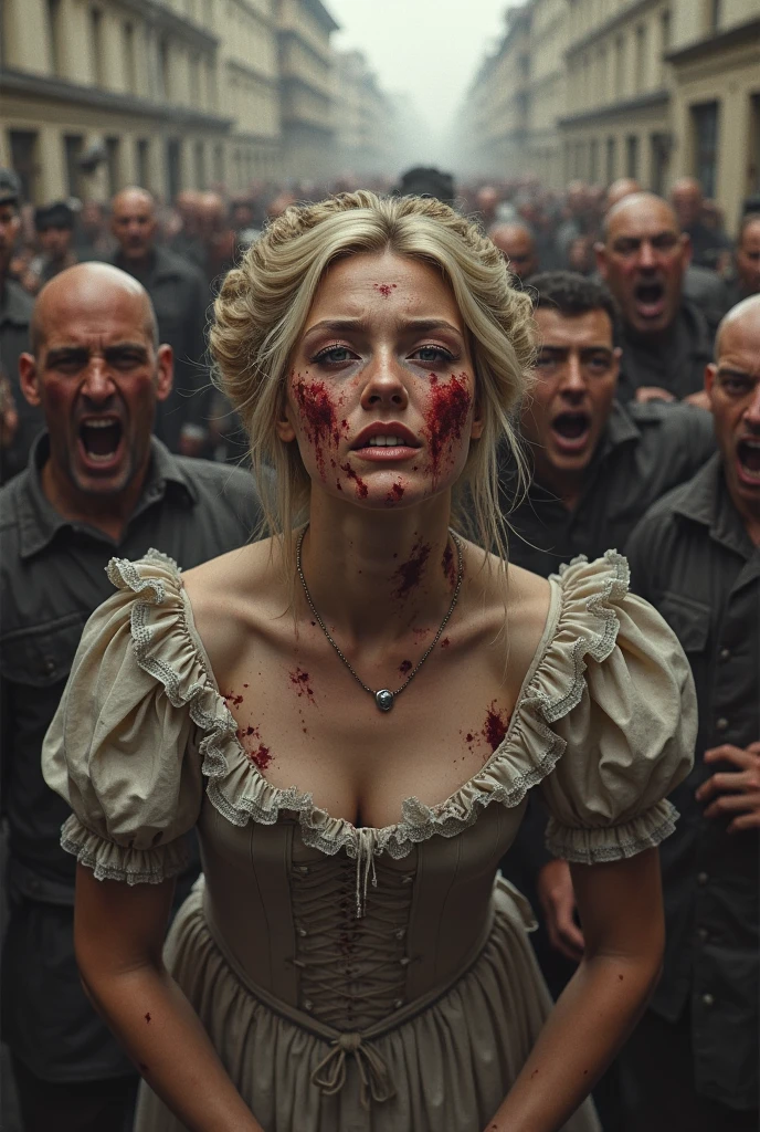 on fours, off shoulder, deep cleavage, grabbed, zombie crowd , restrained, old woman