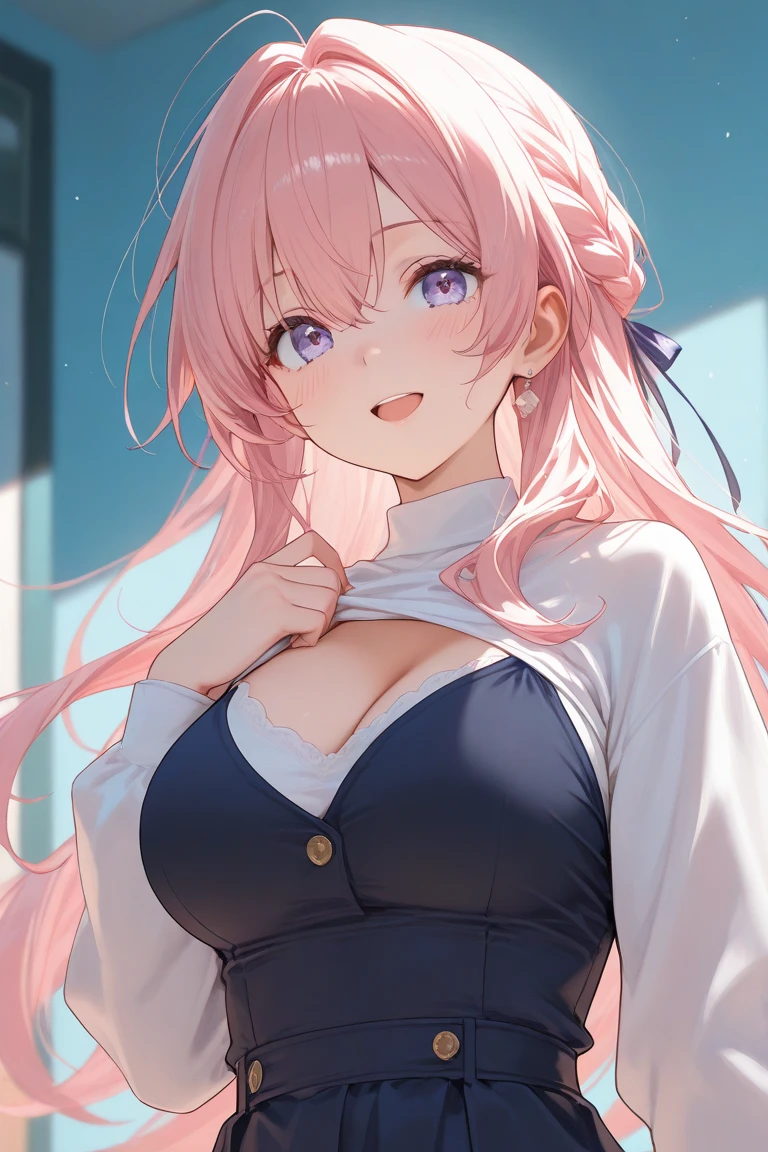 girl, cute anime girl, smile, pink hair, long hair, messy hair, pink eyes, blushing, girl, big tits, beautiful hair style, (((Best Quality: 1.4))), (((Masterpiece: 1.3))
