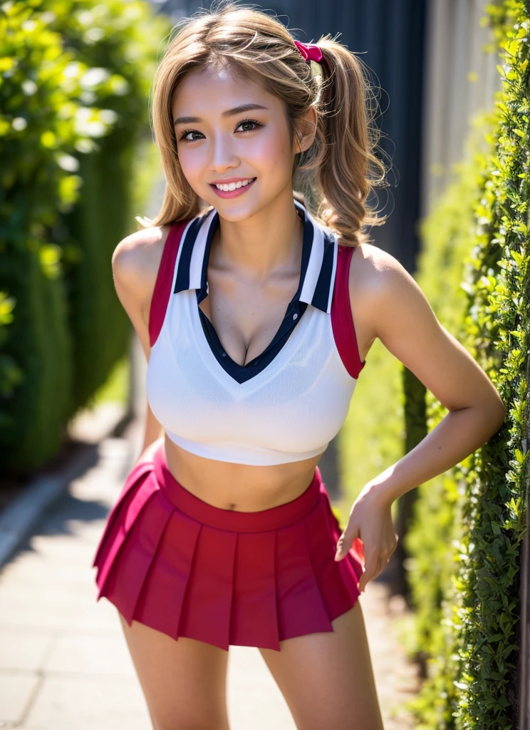 Backview, Cheerleader Outfit, Chinese model, Large breasts, Wearing american colors miniskirt, 8K - Top Quality, Knee Shot, Hour Glass Body, sticking butt out pose, in a warm garden, hourglass butt, Perfect anatomy, perfect hair, large breasts, perfect body, perfect hands, perfect face, perfect eyes, accurate, anatomically correct, perfect clear and crisp focus, UHD, masterpiece, ((blurry background)