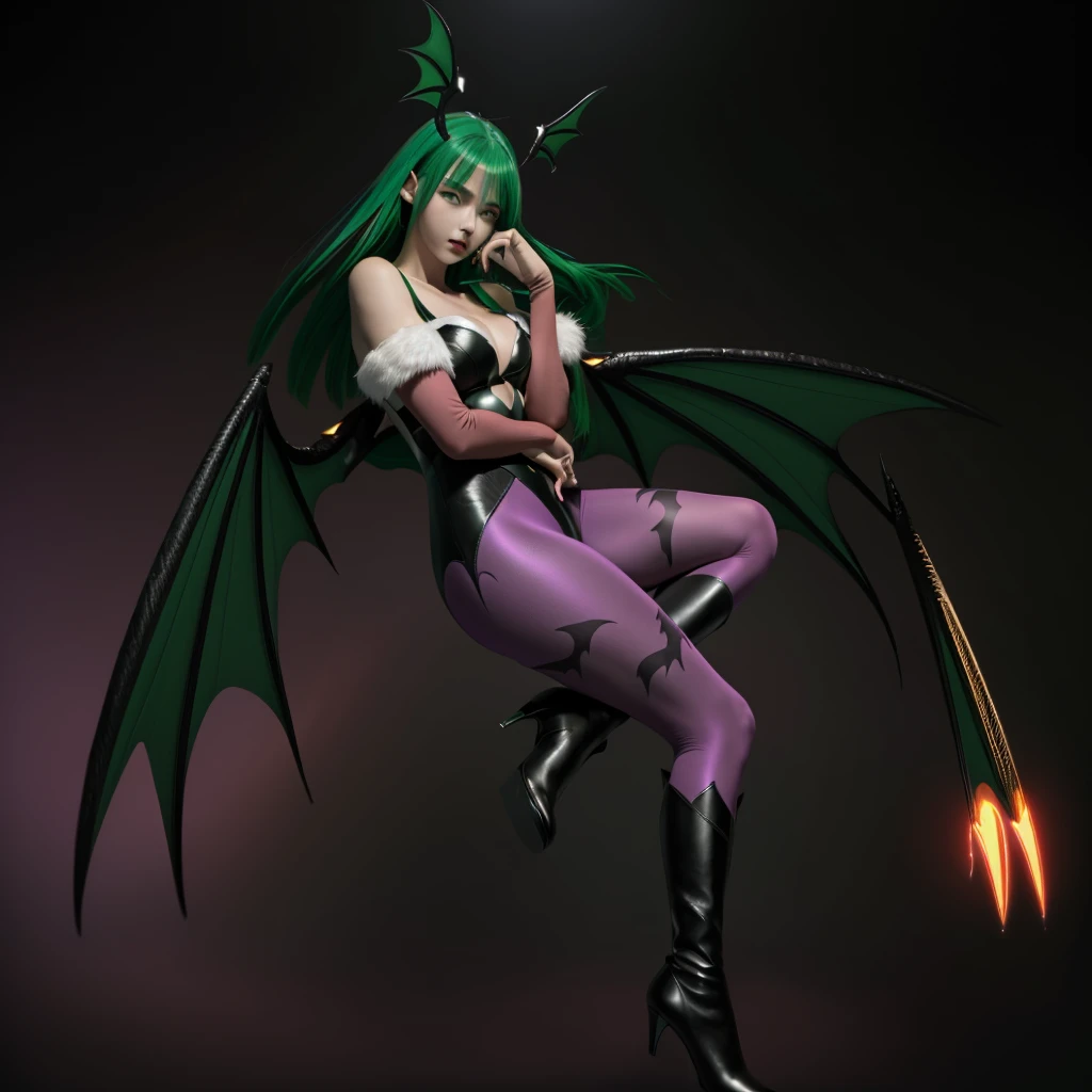 The female character Morrigan Aensland, She's a succubus, she has bright, light green hair, she has light green eyes, black bat wings with purple membranes on the back and two bat wings on the sides of the head, She wears a black swimsuit over light purple skintight pants with purple bat symbol silhouettes, she has white feather plumes from her neckline to her shoulders, shoulders showing, black ankle boots, imposing posture, in the background stone ruins, at night in moonlight and with warm lighting.