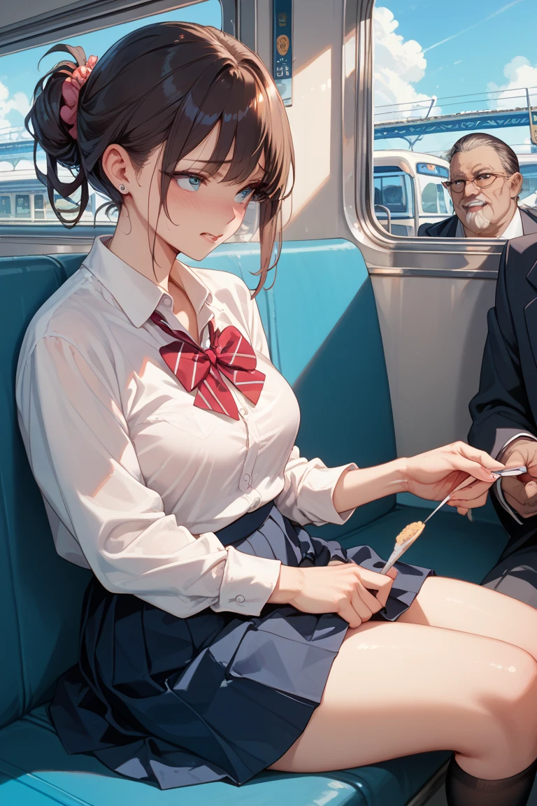 a young sitting on the lap of an older man in a high quality interior train scene, beautiful detailed eyes, beautiful detailed lips, extremely detailed eyes and face, long eyelashes, photorealistic, 8k, highly detailed, masterpiece, ultra-detailed, physically-based rendering, extreme detail description, professional, vivid colors, chiaroscuro lighting, dramatic lighting, cinematic, dark fantasy, moody, atmospheric