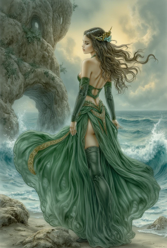 ((aeolian)), 1 young girl with a beautiful face and green eyes, Princess, (naked and wearing a gold gown), black hair in a long braid, no underwear, slim body, long legs, fantasy sea landscape, bare feet, small breasts, silver necklace, silver anklets, squatting posture