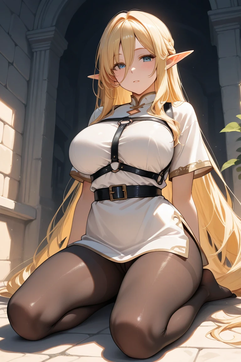 Blonde hair and blue eyes Long Hair Elf Large Breasts towel erotic Beauty cute Scared in the forest black tights get caught Hanged Hands tied slave