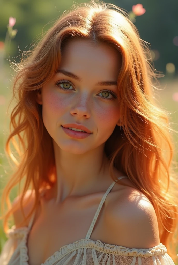 (photorealistic), photo of the world's most beautiful and drop dead gorgeous redhead girl of all time, sexy pose, seductive facial expression, photorealistic, hyperrealism, ultra sharp, ultra focused, masterpiece, best quality, highres, UHD, depth of field 4k, RTX, HDR,
Long wavy red hair cascading down her shoulders, stylishly blown back by a gentle breeze,
Enchanting smile playing on her full lips, a captivating expression that draws you in,
Soft-focus camera effect, creating an ethereal glow around her,
Shallow depth of field, with her mesmerizing eyes in