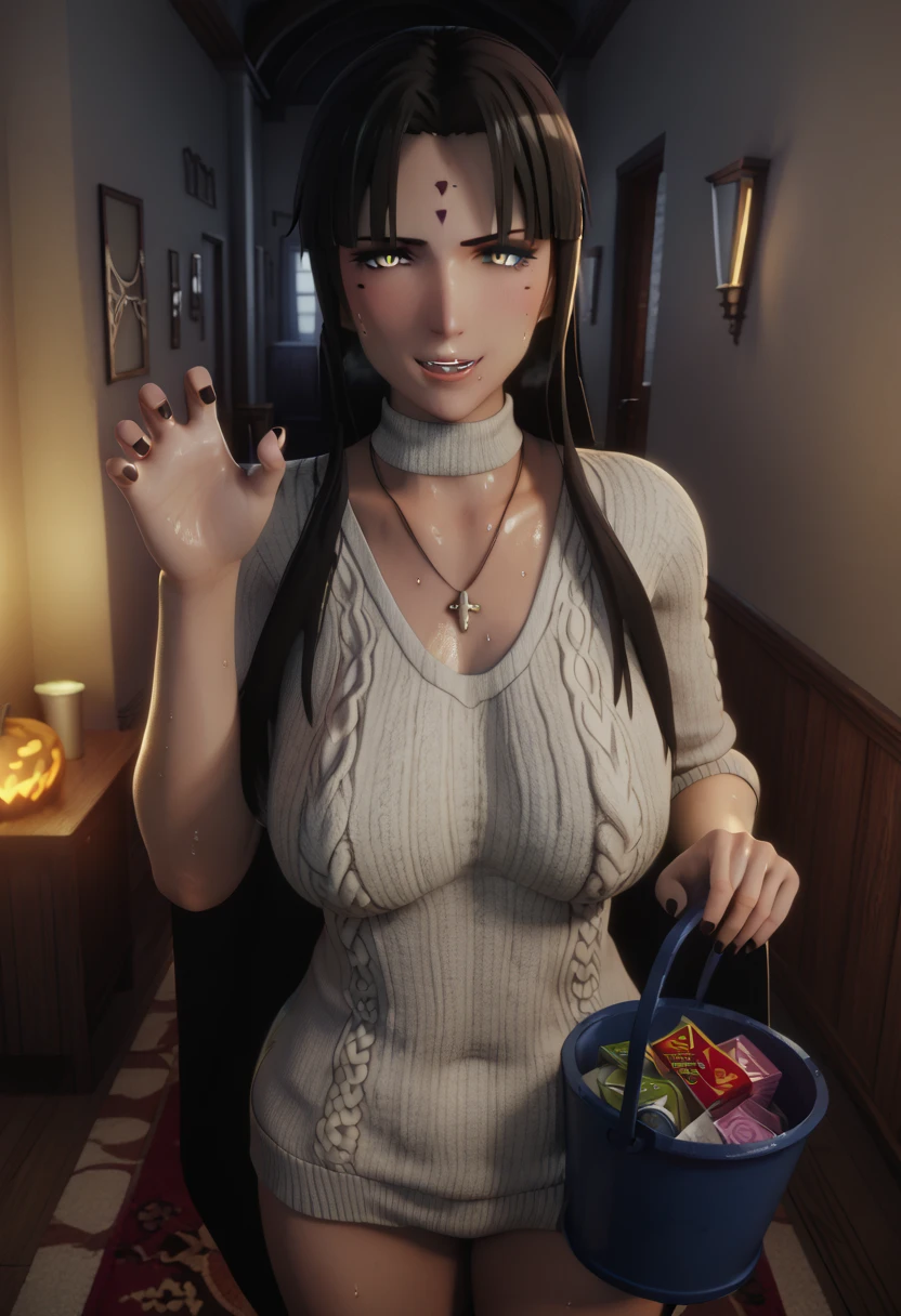 ((UHD, Cinematic, Warm colors)), comic, score_9, score_8_up, score_7_up, score_6_up, score_5_up, score_4_up, uncensored, detailed background, vignetting, masterpiece, Cinematic, high quality, absurdres, best quality, very aesthetic, newest, digital art, trending on ArtStation, ((anatomical correct)), perfect body, perfect eyes, perfect fingers, gasping, heavy breathing, excessive sweating, sweating, sweating profusely, gasping profusely, cinematic, ((skindentation)), ((curvy)), michiko tanaka, long hair, black hair, yellow eyes, facial mark, forehead mark, plump, shiny skin, hearts, pleasured, 1girl, breasts, mature female, solo, navel, virgin destroyer sweater, necklace, standing, claw pose, holding bucket, halloween, looking at viewer, fangs, smirk, collarbone, condom, condom box, thighs, curvy, hallway, dim light, cape, black nails, 3d, cgi