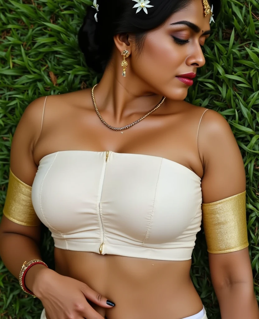 photo of a indian woman, 20 years old, flat breast,((half body)), ((portrait)), dark skin, standing beneat tall gass, thick thigh,  (high skin detail), short petticoat, extreme skin detail, masterpiece, photorealistic, 